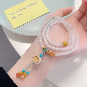 Multi-layer Tianshan jade beaded bracelet with cute lucky cat pendant for women Chinese style