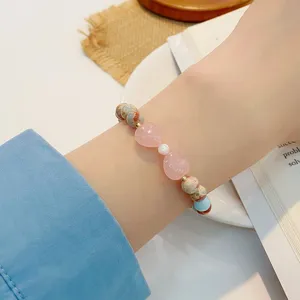 Sweet fresh style gemstone beaded bracelet with pink crystal hearts and colorful stones for women.