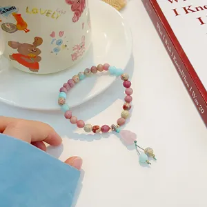 Sweet fresh natural gemstone beaded bracelet with pink crystal gourd pendant for women.