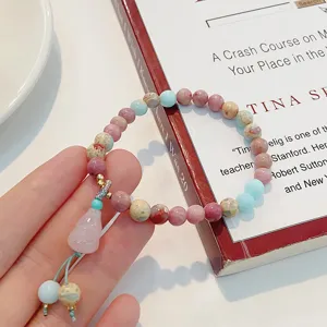Sweet fresh natural stone bracelet with pink crystal gourd pendant for women detail view