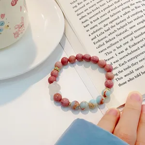Sweet fresh forest style gemstone bracelet with pink and blue beads, minimalist design.