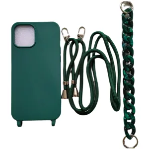 Dark green silicone phone case with woven crossbody lanyard and acrylic chain strap for mobile.