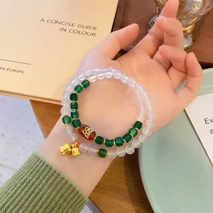 New Chinese style natural agate double layer gemstone bracelet with gold flower pendants for women