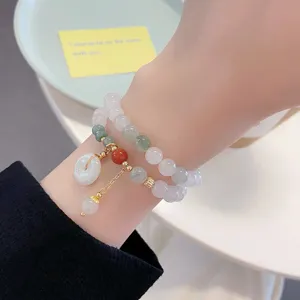 New Chinese style multi-layer natural jade bead bracelet with safety buckle pendant for women.