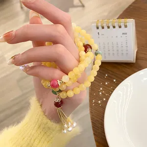 New Chinese style natural agate multi-layer bracelet, elegant gold silk jade beaded jewelry for women