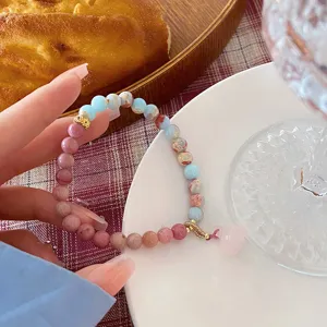 Sweet fresh style gemstone crystal bead bracelet with pink heart pendant detail close up