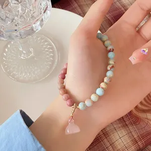 Sweet fresh stone bracelet with pink crystal lotus gourd pendant for women charming style.