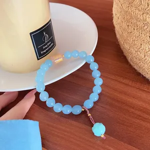Blue beaded bracelet with lily of the valley pendant, sweet style fresh crystal jewelry.