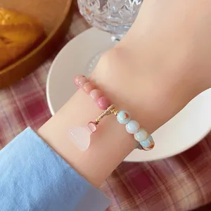 Sweet fresh style beaded bracelet with crystal gourd pendant, cute stone jewelry for women.