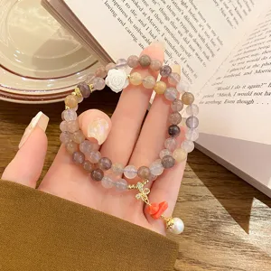 Natural agate double layer beaded bracelet with cute flower charm and pearl pendant.