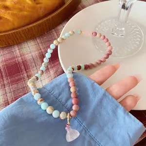 Sweet fresh style gemstone beaded bracelet with pink crystal gourd pendant for women jewelry.