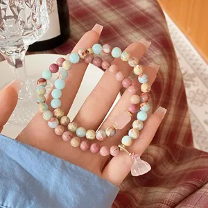 Sweet double-layer natural stone beaded bracelet with pink crystal lotus pendant for women detail
