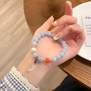 Light blue natural stone bracelet with cute cat claw pendant, sweet fairy style jewelry.