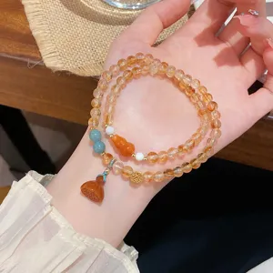 Magnifique bracelet double en cristal de citrine avec pendentif gourde style vintage chinois