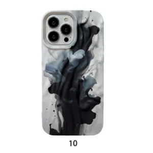 iPhone 15 Pro silicone phone case with abstract black and white oil painting design.