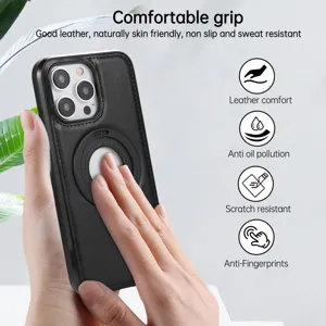 Vue détaillée de l'étui de téléphone magnétique en cuir PU noir avec support.