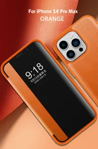 Hochwertige PU-Leder Klapphülle mit Sichtfenster, robuster Schutzcase für Ihr Smartphone orange.