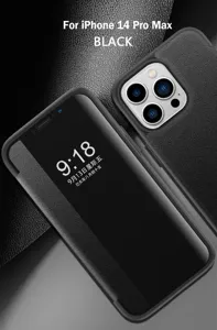 Schwarze Leder Flip Handyhülle mit Sichtfenster kompatibel für iPhone 14 Pro Max Schutzhülle