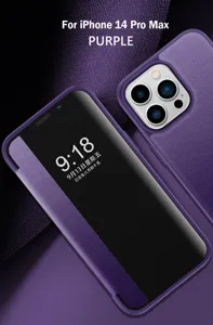 Lila Leder Flip Schutzhülle mit Sichtfenster passend für iPhone 14 Pro Max Handyhülle.
