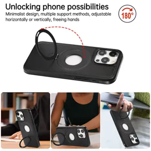 Coque de protection en cuir PU minimaliste avec support à anneau magnétique rotatif à 180 degrés.