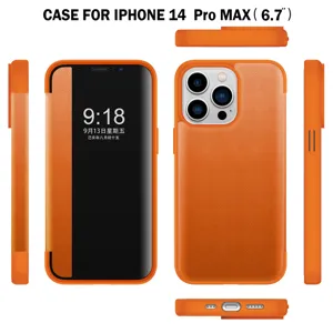 Oranger Leder Klapp Handyhuelle fuer iPhone 14 Pro Max 6.7 Zoll Schutzhuelle neu