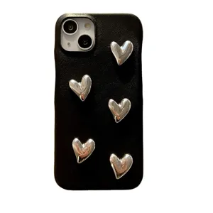 Μαύρη δερμάτινη θήκη iPhone με 3D ασημένιες μεταλλικές καρδιές κομψό προστατευτικό κάλυμμα