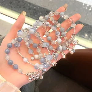 Chinese Style Vintage Blue Artificial Crystal Beads Bracelet With Cat Fish Tail Pendant Artificial Pearl Charms For Women Teens Daily Jewelry Gift