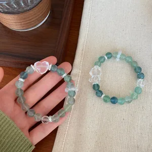 Natural mint green fluorite crystal beaded bracelet with cute heart and bear charms for women.