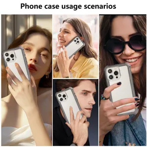 Detailed lifestyle scenes showcasing the frosted protective phone case in daily use by models.