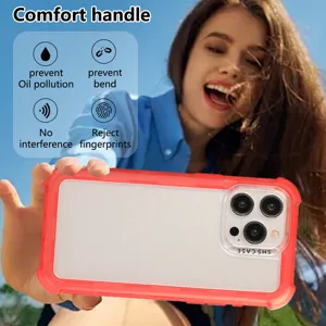 Detail shot of frosted 3-in-1 anti-drop phone case with red frame and clear back.