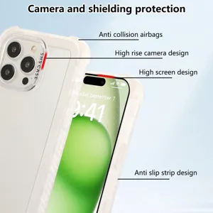 Frosted phone case detail showcasing anti-collision airbags and high-rise camera protection.