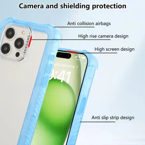 Clear blue protective phone case with anti-drop airbags and camera protection design.