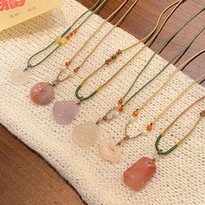 Style Chinois Pierre d'Agate Naturelle Pendentif Collier Corde Tressée à la Main Longueur Réglable Bouddha Maitreya Ping An Kou Collier Pour Femmes