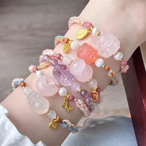 Handmade Woven Adjustable Cord Bracelet Sweet Ethnic Style Natural Crystal Rose Quartz Amethyst PiXiu Bracelet For Women Men Daily Decoration Jewelry Gift
