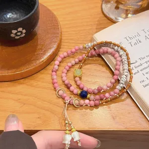 Neu Chinesisch Vintage Rhodochrosit Bodhi Samen Mehrlagiges Perlenarmband Blumen Quaste Kulturelles Kreatives Strähnenarmband Für Damen
