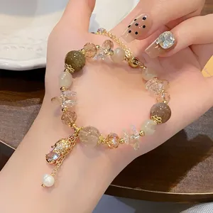 Neo Chinese Style Wealth Pixiu Adjustable Rutilated Quartz Bracelet Sunstone Strawberry Quartz Artificial Pearl Charm Bracelet For Women Vintage Lucky Stone Hand Jewelry