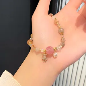 Sweet crystal beaded bracelet with cute bear pendant and natural pearl for women gift