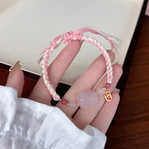 Pink crystal braided bracelet sweet style handmade woven rope jewelry gift for women