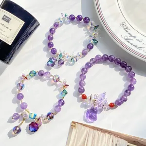Collection de bracelets de perles en cristal violet avec de beaux pendentifs style Hanfu.