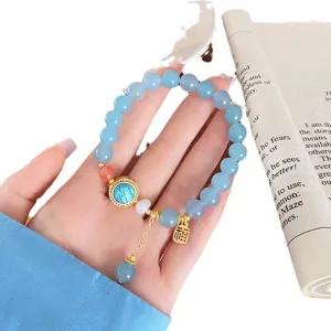 Refreshing blue natural stone beaded bracelet with gold charm, sweet fairy style jewelry.