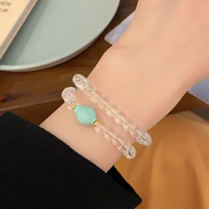 Bracelet de perles en cristal à double rang avec charm poisson turquoise, bijou chinois.