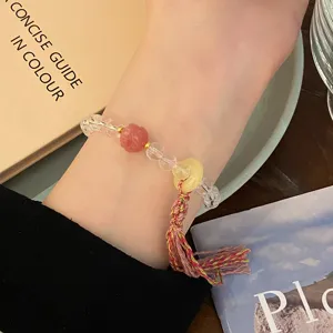 Bracelet de perles en cristal de style chinois avec pendentif pompon, bijoux rétro élégants.