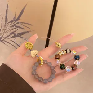 Palace Style Lotus Phone Chain Pendant Vintage Colored Glaze Agate Beads Keychain Car Bag Ornament Jewelry Gift For Women