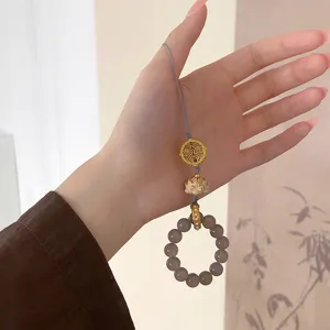 Chinese vintage style gray agate lotus phone charm elegant handmade bag pendant accessory