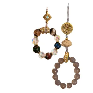 Exquisite palace style multi-gem glazed beads and grey agate lotus phone charm bag pendant