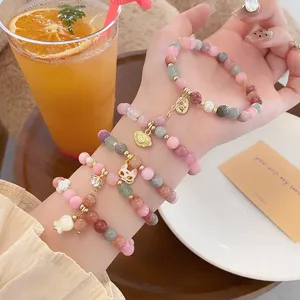 Neo-Chinese Sweet Macaron Colored Jade Beaded Bracelet For Women Handmade Ancient Style Hanfu Accessories Fox Mask Ruyi Lock Rhinestone Flower Charm Bracelet Jewelry Gift