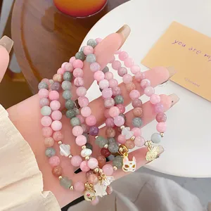Macaron colorful jade beaded bracelets set with cute fox mask and lock charms for women.