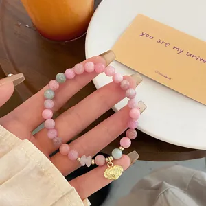 New Chinese style sweet macaron colored jade bracelet with cute gold lock pendant.
