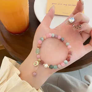 Macaron colorful jade beaded bracelet sweet new chinese style floral pendant wrist jewelry aesthetic accessory