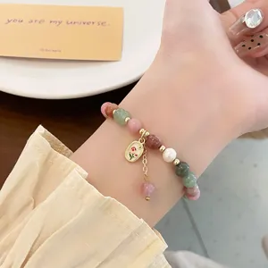 Macaron colored jade stone bracelet with cute flower charm pearl accessory detail show view